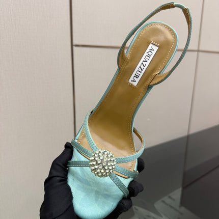 AQUAZZURA 26S STRAPPY HEELS 105 MM IN MINT GREEN SATIN