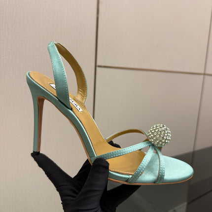 AQUAZZURA 26S STRAPPY HEELS 105 MM IN MINT GREEN SATIN
