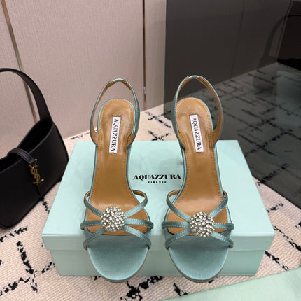AQUAZZURA 26S STRAPPY HEELS 105 MM IN MINT GREEN SATIN