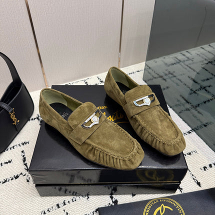 CHRISTIAN LOUBOUTIN 26S LOAFERS IN MOSS GREEN SUEDE