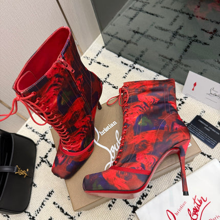 CHRISTIAN LOUBOUTIN 26S LACE-UP HEEL BOOTS 100 MM IN RED MIX PURPLE FLORAL PRINT SATIN