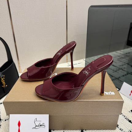 CHRISTIAN LOUBOUTIN 26S OPEN-TOE HIGH HEEL SANDALS 105 MM IN DARK RED GLOSSY CALFSKIN