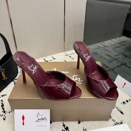 CHRISTIAN LOUBOUTIN 26S OPEN-TOE HIGH HEEL SANDALS 105 MM IN DARK RED GLOSSY CALFSKIN