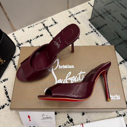 CHRISTIAN LOUBOUTIN 26S OPEN-TOE HIGH HEEL SANDALS 105 MM IN DARK RED GLOSSY CALFSKIN