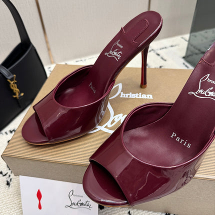 CHRISTIAN LOUBOUTIN 26S OPEN-TOE HIGH HEEL SANDALS 105 MM IN DARK RED GLOSSY CALFSKIN