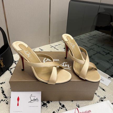 CHRISTIAN LOUBOUTIN 26S CROSS-STRAP HIGH HEEL SANDALS 105 MM IN BEIGE SATIN