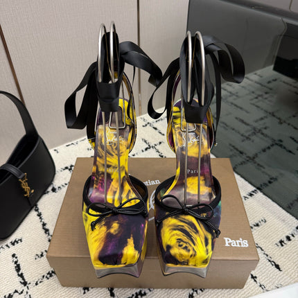 CHRISTIAN LOUBOUTIN 26S HIGH HEELS 145 MM IN YELLOW MIX PURPLE FLORAL PRINT SATIN