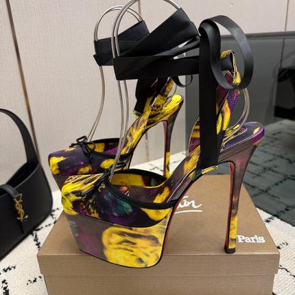 CHRISTIAN LOUBOUTIN 26S HIGH HEELS 145 MM IN YELLOW MIX PURPLE FLORAL PRINT SATIN