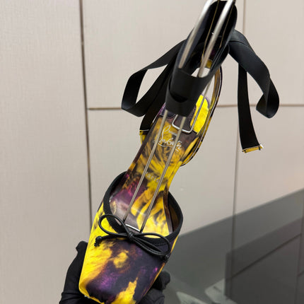 CHRISTIAN LOUBOUTIN 26S HIGH HEELS 145 MM IN YELLOW MIX PURPLE FLORAL PRINT SATIN
