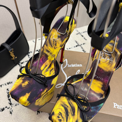 CHRISTIAN LOUBOUTIN 26S HIGH HEELS 145 MM IN YELLOW MIX PURPLE FLORAL PRINT SATIN