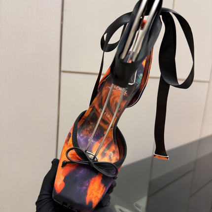 CHRISTIAN LOUBOUTIN 26S HIGH HEELS 145 MM IN ORANGE MIX PURPLE FLORAL PRINT SATIN