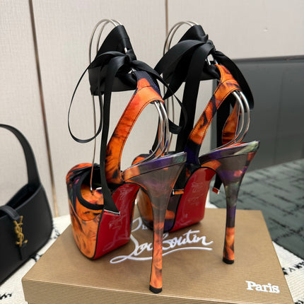 CHRISTIAN LOUBOUTIN 26S HIGH HEELS 145 MM IN ORANGE MIX PURPLE FLORAL PRINT SATIN