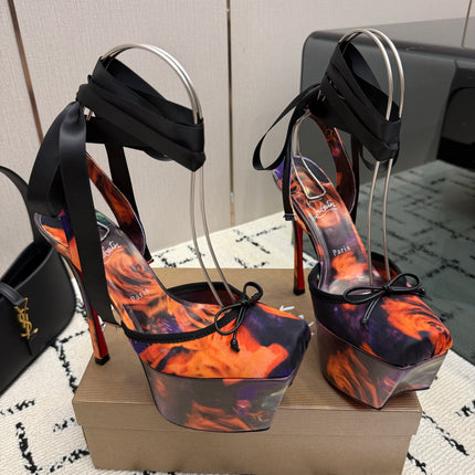 CHRISTIAN LOUBOUTIN 26S HIGH HEELS 145 MM IN ORANGE MIX PURPLE FLORAL PRINT SATIN