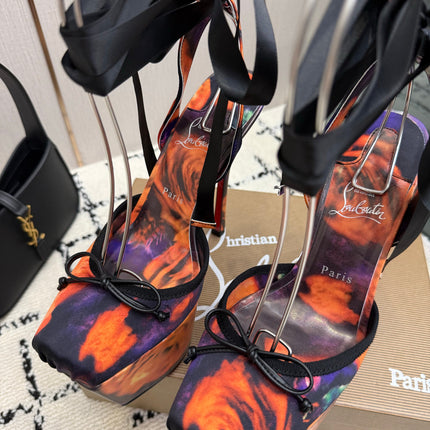 CHRISTIAN LOUBOUTIN 26S HIGH HEELS 145 MM IN ORANGE MIX PURPLE FLORAL PRINT SATIN