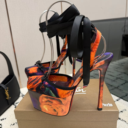 CHRISTIAN LOUBOUTIN 26S HIGH HEELS 145 MM IN ORANGE MIX PURPLE FLORAL PRINT SATIN