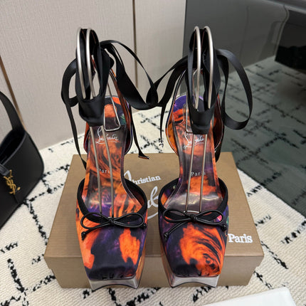 CHRISTIAN LOUBOUTIN 26S HIGH HEELS 145 MM IN ORANGE MIX PURPLE FLORAL PRINT SATIN