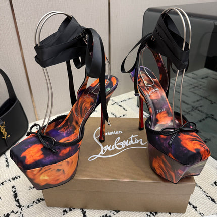 CHRISTIAN LOUBOUTIN 26S HIGH HEELS 145 MM IN ORANGE MIX PURPLE FLORAL PRINT SATIN