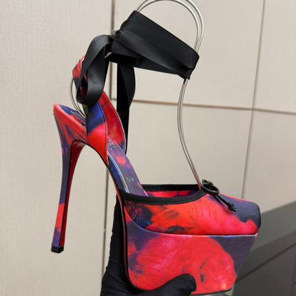 CHRISTIAN LOUBOUTIN 26S HIGH HEELS 145 MM IN RED MIX PURPLE FLORAL PRINT SATIN
