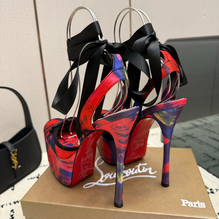 CHRISTIAN LOUBOUTIN 26S HIGH HEELS 145 MM IN RED MIX PURPLE FLORAL PRINT SATIN