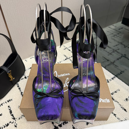 CHRISTIAN LOUBOUTIN 26S HIGH HEELS 145 MM IN BLACK MIX PURPLE FLORAL PRINT SATIN