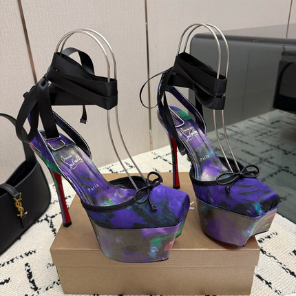CHRISTIAN LOUBOUTIN 26S HIGH HEELS 145 MM IN BLACK MIX PURPLE FLORAL PRINT SATIN