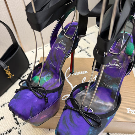 CHRISTIAN LOUBOUTIN 26S HIGH HEELS 145 MM IN BLACK MIX PURPLE FLORAL PRINT SATIN