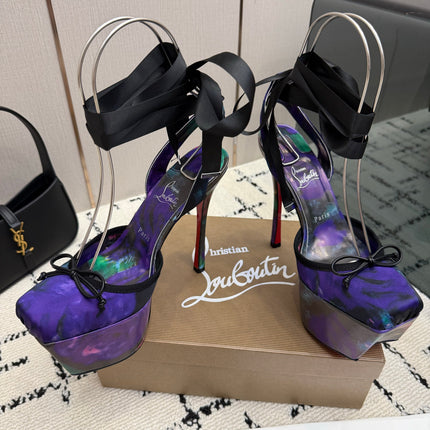 CHRISTIAN LOUBOUTIN 26S HIGH HEELS 145 MM IN BLACK MIX PURPLE FLORAL PRINT SATIN