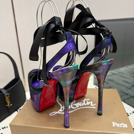 CHRISTIAN LOUBOUTIN 26S HIGH HEELS 145 MM IN BLACK MIX PURPLE FLORAL PRINT SATIN