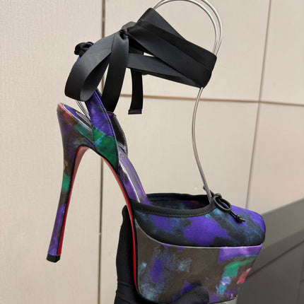 CHRISTIAN LOUBOUTIN 26S HIGH HEELS 145 MM IN BLACK MIX PURPLE FLORAL PRINT SATIN