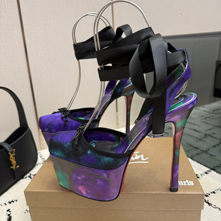 CHRISTIAN LOUBOUTIN 26S HIGH HEELS 145 MM IN BLACK MIX PURPLE FLORAL PRINT SATIN