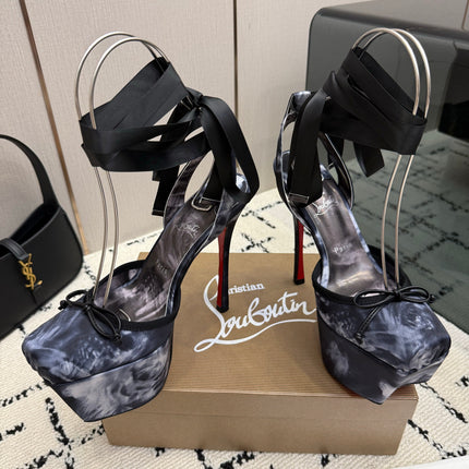 CHRISTIAN LOUBOUTIN 26S HIGH HEELS 145 MM IN BLACK MIX GREY FLORAL PRINT SATIN