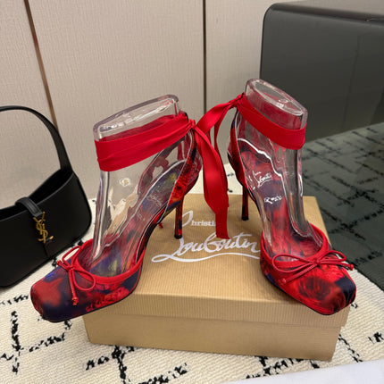 CHRISTIAN LOUBOUTIN 26S BOW-TIE HIGH HEEL 105 MM IN RED FLORAL PRINT SATIN