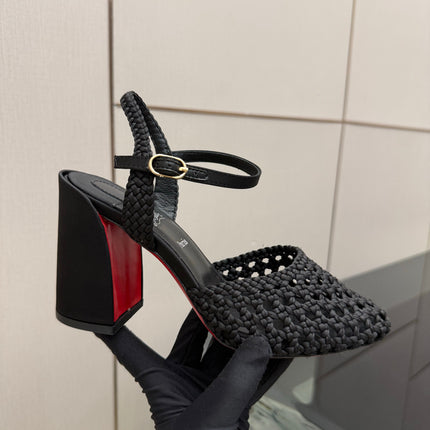 CHRISTIAN LOUBOUTIN 26S HEEL SANDALS 85 MM IN BLACK WOVEN LEATHER