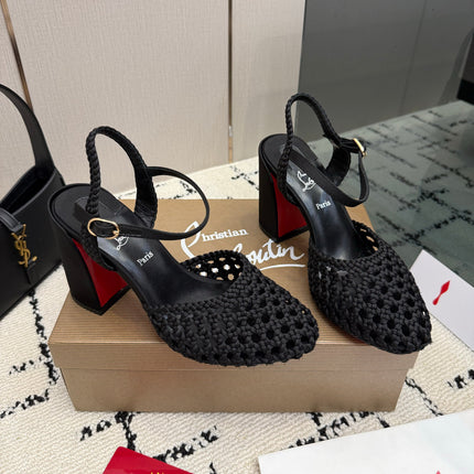 CHRISTIAN LOUBOUTIN 26S HEEL SANDALS 85 MM IN BLACK WOVEN LEATHER