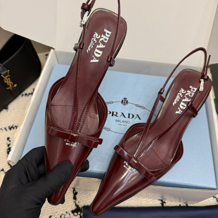 PRADA 26S POINTED TOE SLINGBACK KITTEN HEELS IN DARK RED CALFSKIN WITH BOW