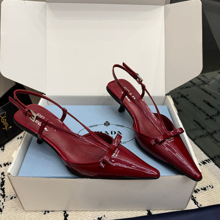 PRADA 26S POINTED TOE SLINGBACK KITTEN HEELS IN DARK RED PATENT CALFSKIN WITH BOW