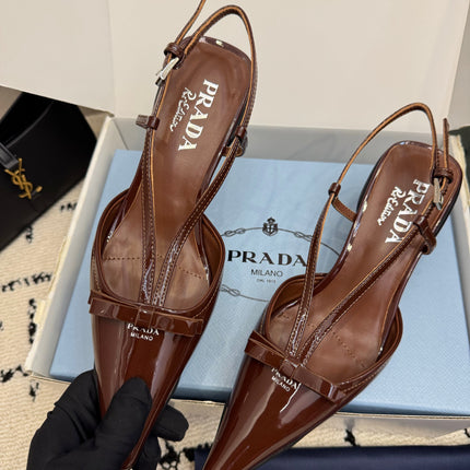 PRADA 26S POINTED TOE SLINGBACK KITTEN HEELS IN BROWN PATENT CALFSKIN WITH BOW