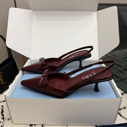 PRADA 26S BUCKLE STRAP SLINGBACK PUMPS IN DARK RED CALFSKIN WITH BOW