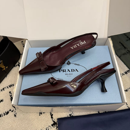 PRADA 26S BUCKLE STRAP SLINGBACK PUMPS IN BURGUNDY RED CALFSKIN WITH BOW
