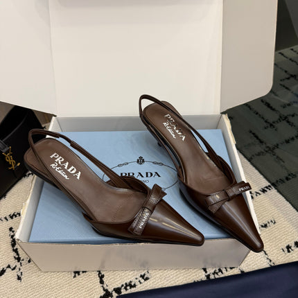 PRADA 26S BUCKLE STRAP SLINGBACK PUMPS IN BROWN CALFSKIN WITH BOW
