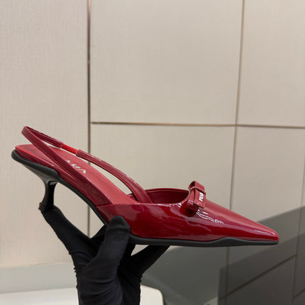 PRADA 26S BUCKLE STRAP SLINGBACK PUMPS IN DARK RED PATENT CALFSKIN WITH BOW