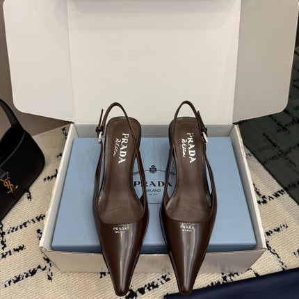 PRADA 26S BUCKLE STRAP SLINGBACK PUMPS IN BROWN CALFSKIN