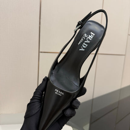 PRADA 26S BUCKLE STRAP SLINGBACK PUMPS IN BLACK CALFSKIN