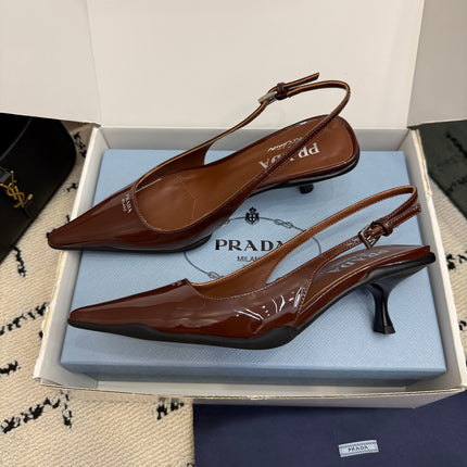 PRADA 26S BUCKLE STRAP SLINGBACK PUMPS IN BROWN PATENT CALFSKIN