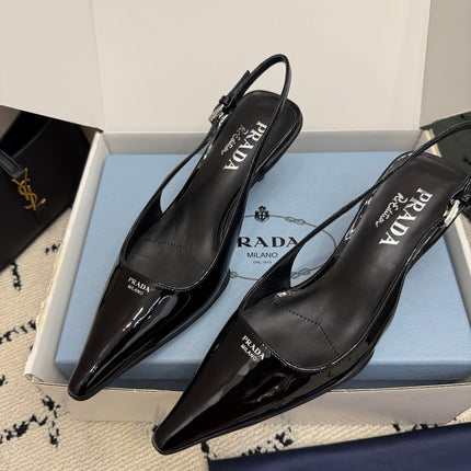 PRADA 26S BUCKLE STRAP SLINGBACK PUMPS IN BLACK PATENT CALFSKIN