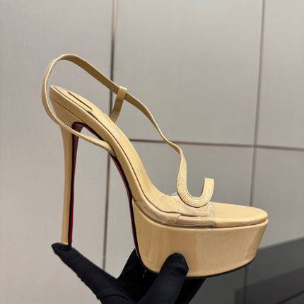 CHRISTIAN LOUBOUTIN 26S HIGH HEEL SANDALS 145 MM IN BEIGE PATENT CALFSKIN