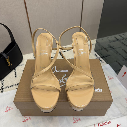 CHRISTIAN LOUBOUTIN 26S HIGH HEEL SANDALS 145 MM IN BEIGE PATENT CALFSKIN