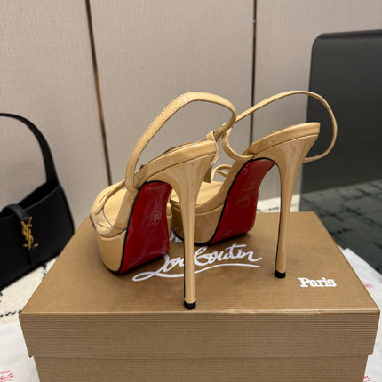 CHRISTIAN LOUBOUTIN 26S HIGH HEEL SANDALS 145 MM IN BEIGE PATENT CALFSKIN