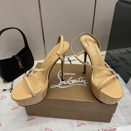 CHRISTIAN LOUBOUTIN 26S HIGH HEEL SANDALS 145 MM IN BEIGE PATENT CALFSKIN