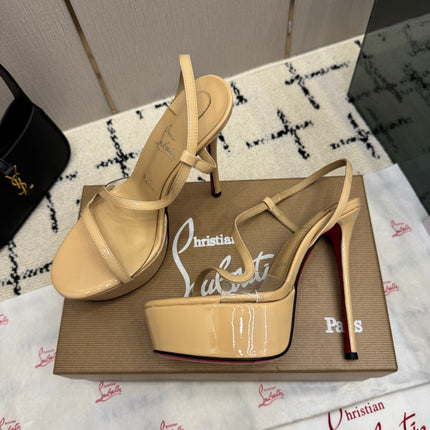 CHRISTIAN LOUBOUTIN 26S HIGH HEEL SANDALS 145 MM IN BEIGE PATENT CALFSKIN